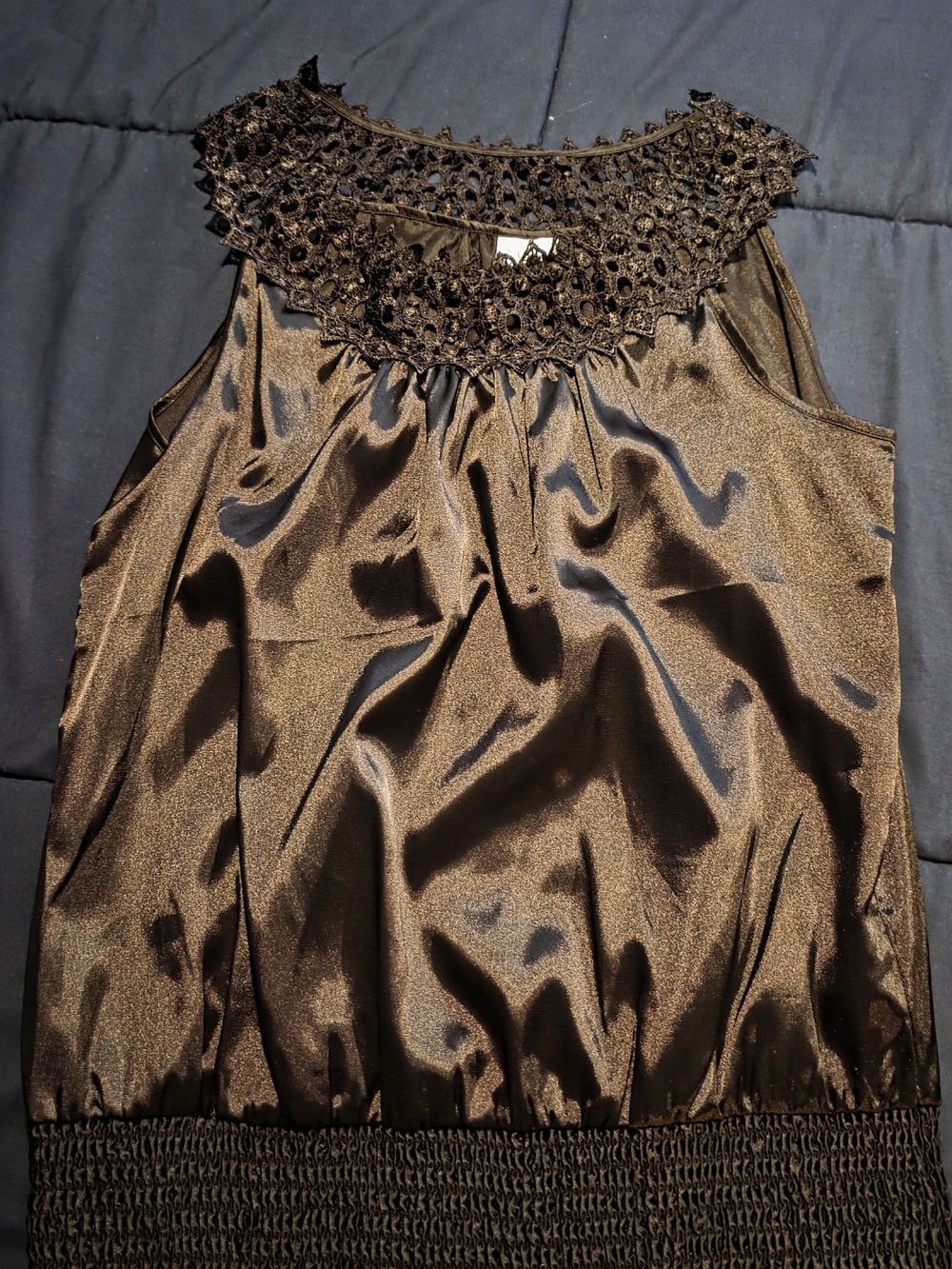 Satin Crochet Yoke Sleeveless Top - Black Suzy Shier M